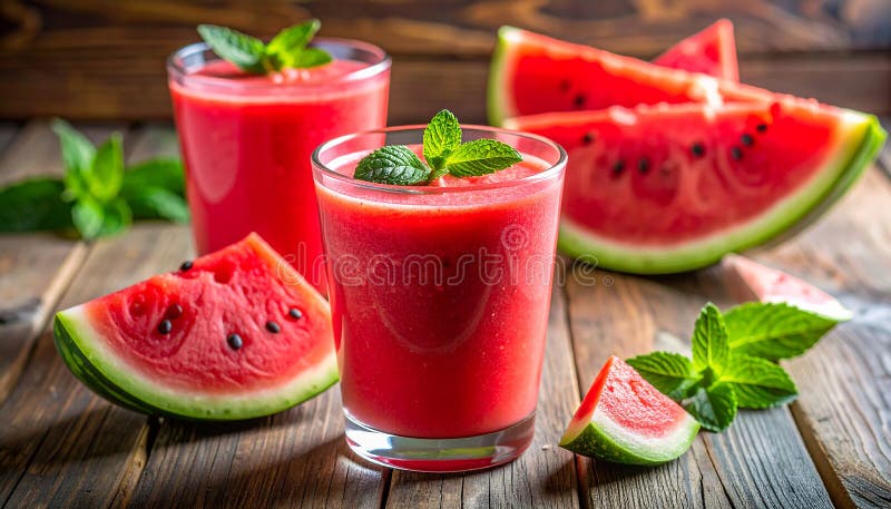 A refreshing setting with a tropical beach backdrop features a wooden table holding a glass of vibrant red watermelon juice, garnished with mint and a straw. Surrounding the glass are several slices of ripe watermelon (Citrullus lanatus). Palm trees provide a lush, green frame to the idyllic scene, with the turquoise sea and clear blue sky enhancing the tropical ambiance. The image evokes a sense of summertime relaxation. Fresh watermelon smoothie on a wooden table. Al Generated. Several fresh mint illustrations
