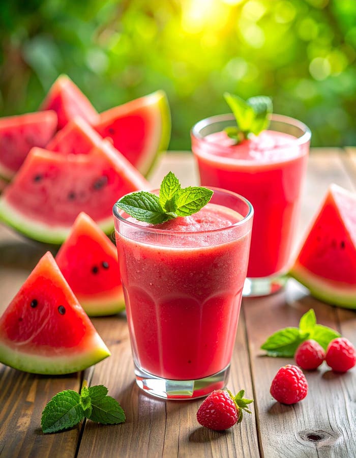 A refreshing setting with a tropical beach backdrop features a wooden table holding a glass of vibrant red watermelon juice, garnished with mint and a straw. Surrounding the glass are several slices of ripe watermelon (Citrullus lanatus). Palm trees provide a lush, green frame to the idyllic scene, with the turquoise sea and clear blue sky enhancing the tropical ambiance. The image evokes a sense of summertime relaxation. Fresh watermelon smoothie on a wooden table. Al Generated. Several fresh mint illustrations