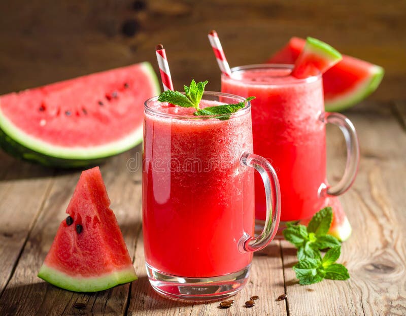 A refreshing setting with a tropical beach backdrop features a wooden table holding a glass of vibrant red watermelon juice, garnished with mint and a straw. Surrounding the glass are several slices of ripe watermelon (Citrullus lanatus). Palm trees provide a lush, green frame to the idyllic scene, with the turquoise sea and clear blue sky enhancing the tropical ambiance. The image evokes a sense of summertime relaxation. Fresh watermelon smoothie on a wooden table. Al Generated. Several fresh mint illustrations