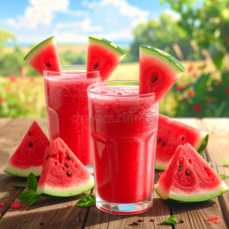 A refreshing setting with a tropical beach backdrop features a wooden table holding a glass of vibrant red watermelon juice, garnished with mint and a straw. Surrounding the glass are several slices of ripe watermelon (Citrullus lanatus). Palm trees provide a lush, green frame to the idyllic scene, with the turquoise sea and clear blue sky enhancing the tropical ambiance. The image evokes a sense of summertime relaxation. Fresh watermelon smoothie on a wooden table. Al Generated. Several fresh mint illustrations