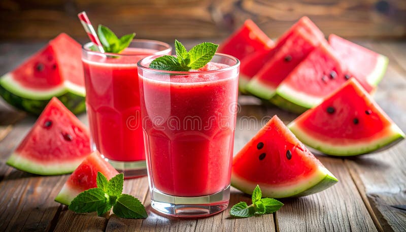 A refreshing setting with a tropical beach backdrop features a wooden table holding a glass of vibrant red watermelon juice, garnished with mint and a straw. Surrounding the glass are several slices of ripe watermelon (Citrullus lanatus). Palm trees provide a lush, green frame to the idyllic scene, with the turquoise sea and clear blue sky enhancing the tropical ambiance. The image evokes a sense of summertime relaxation. Fresh watermelon smoothie on a wooden table. Al Generated. Several fresh mint illustrations