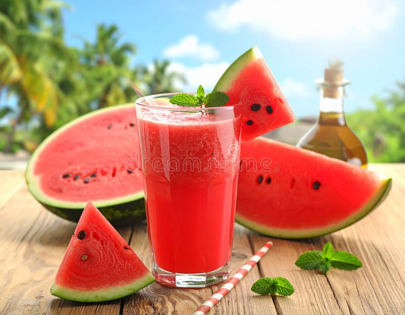 A refreshing setting with a tropical beach backdrop features a wooden table holding a glass of vibrant red watermelon juice, garnished with mint and a straw. Surrounding the glass are several slices of ripe watermelon (Citrullus lanatus). Palm trees provide a lush, green frame to the idyllic scene, with the turquoise sea and clear blue sky enhancing the tropical ambiance. The image evokes a sense of summertime relaxation. Fresh watermelon smoothie on a wooden table. Al Generated. Several fresh mint illustrations