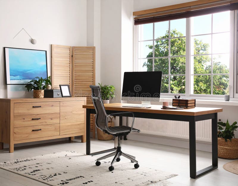 Room interior with comfortable workplace. Modern computer on wooden desk