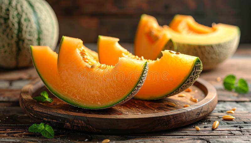 Delicious melon slices on a wooden table, closing stock illustration