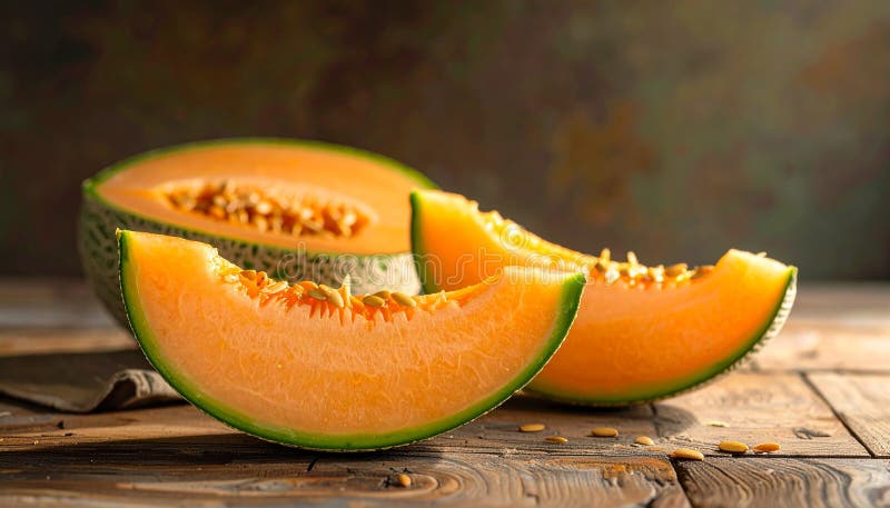 Delicious melon slices on a wooden table, closing vector illustration