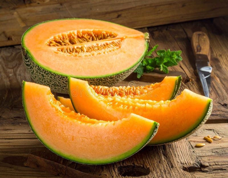 Delicious melon slices on a wooden table, closing vector illustration