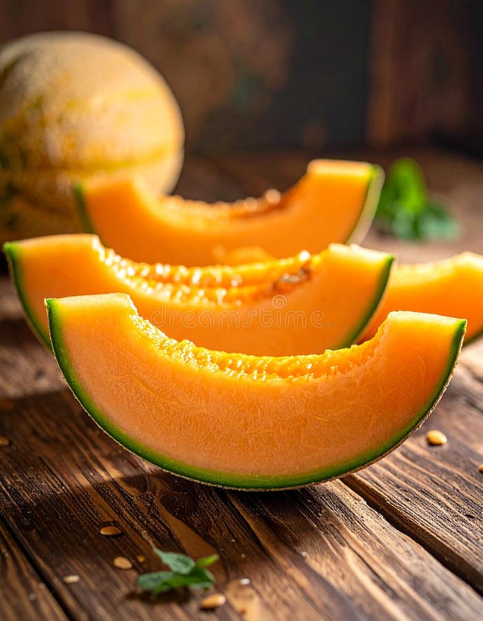 Delicious melon slices on a wooden table, closing stock illustration