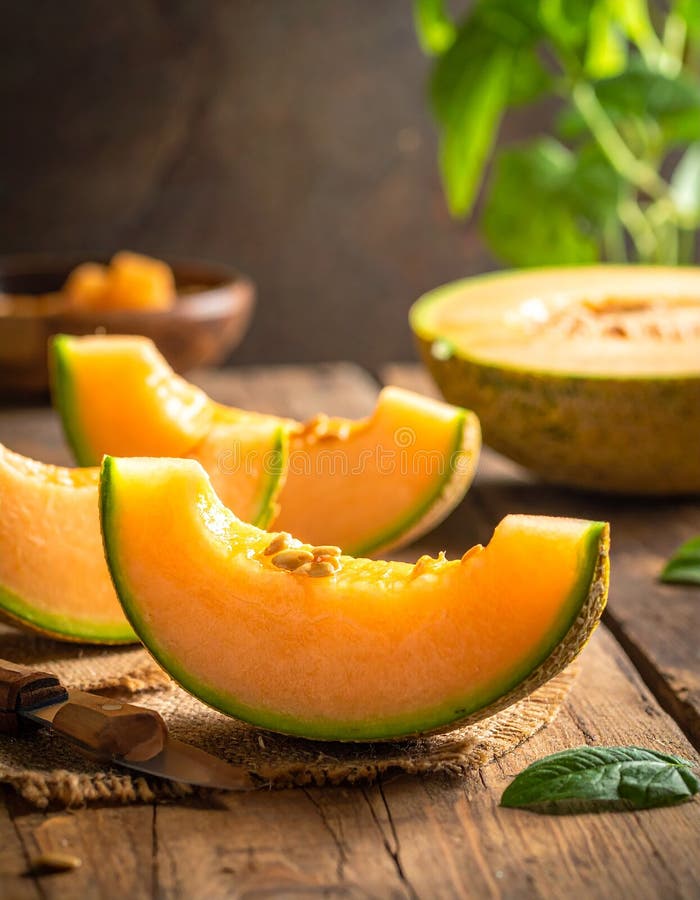 Delicious melon slices on a wooden table, closing vector illustration