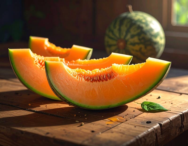 Delicious melon slices on a wooden table, closing vector illustration