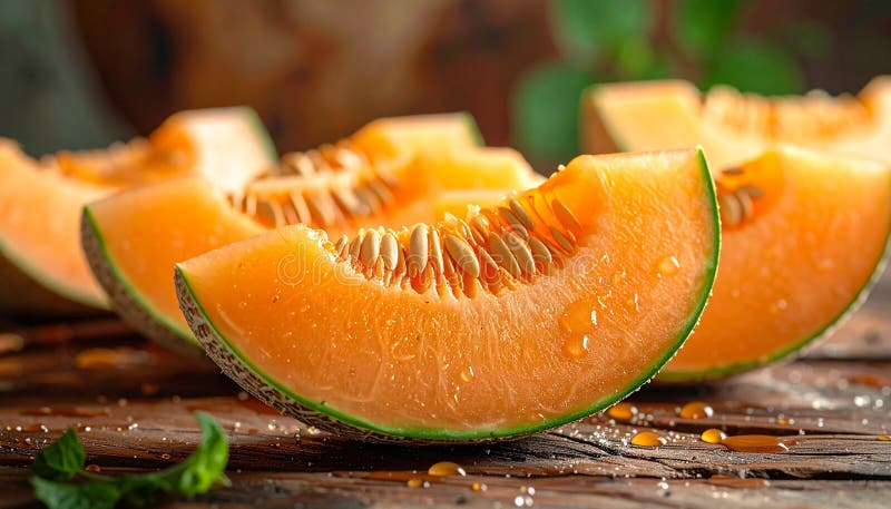 Delicious melon slices on a wooden table, closing stock illustration