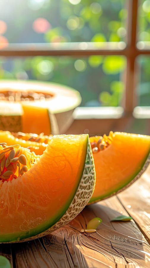 Delicious melon slices on a wooden table, closing vector illustration