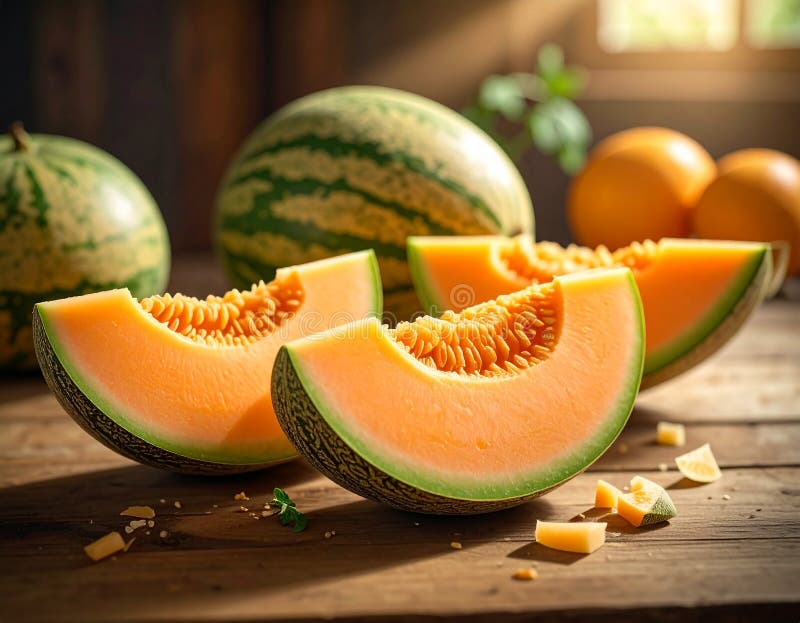 Delicious melon slices on a wooden table, closing royalty free illustration