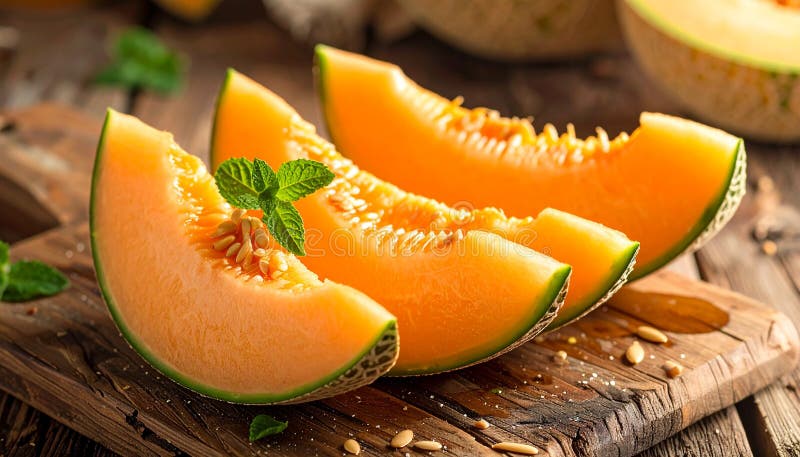 Delicious melon slices on a wooden table, closing vector illustration