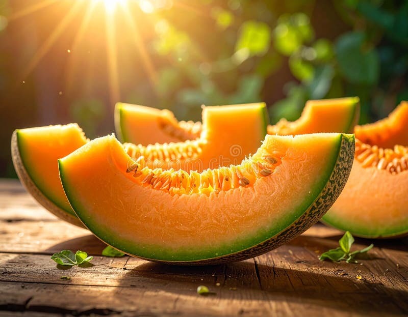 Delicious melon slices on a wooden table, closing royalty free illustration