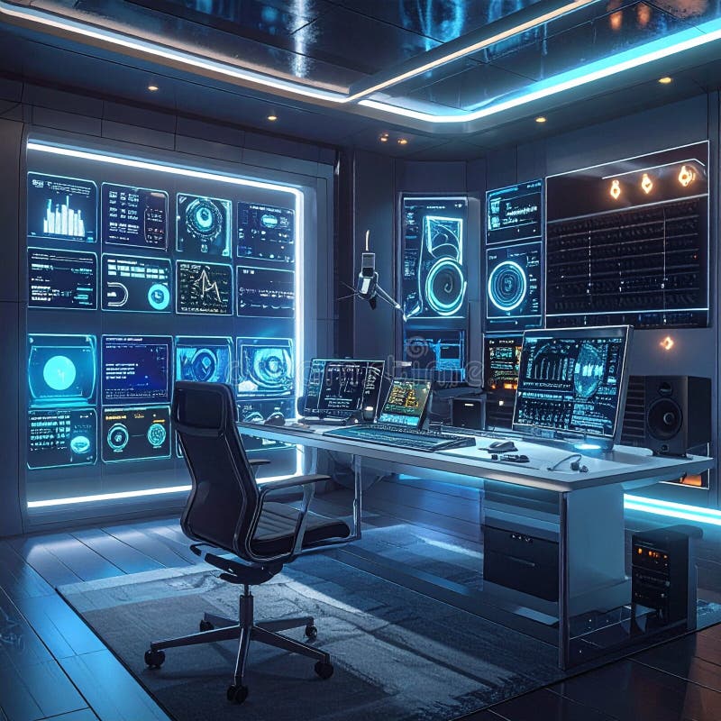 Futuristic high-tech control room with multiple monitors and glowing blue data. Cyberpunk command center for data analys stock photos