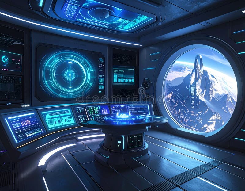 Futuristic spaceship cockpit with glowing blue control panels and a view of a planet from the command bridge window.