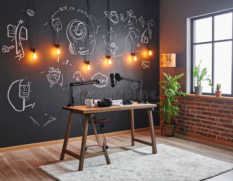 Podcast studio creative workspace with microphones on desk. Modern home office with industrial loft interior and chalk w