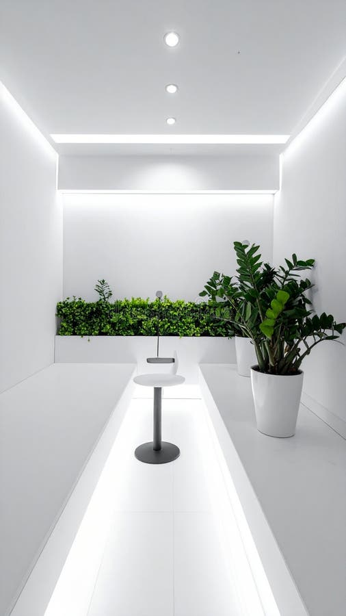 Modern minimalist white interior with LED lighting and green plants. Futuristic office hallway or lobby with contemporar