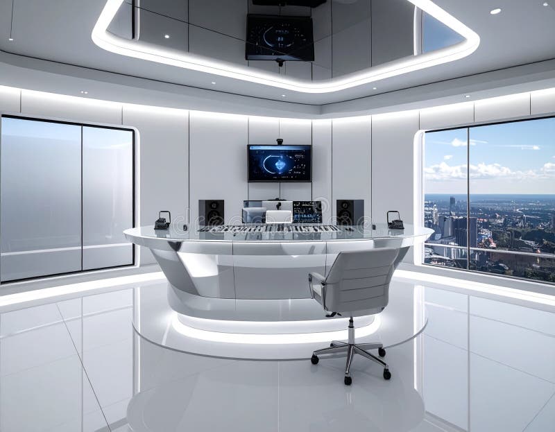 Futuristic control room with high-tech console and city view. Modern white command center or empty office interior.