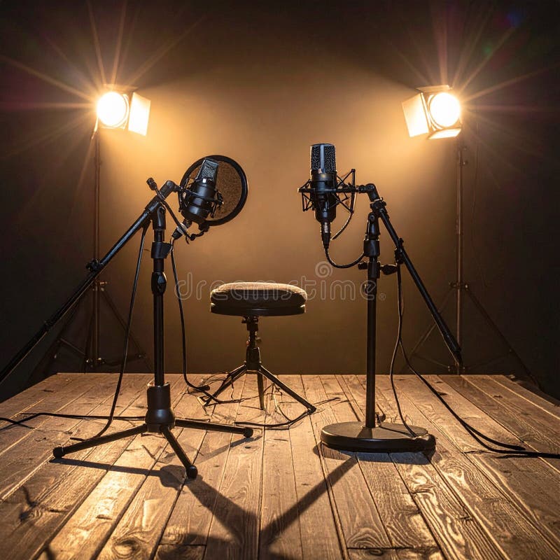 An atmospheric shot of a professional recording studio setup. Two condenser microphones on stands are positioned on a wooden stage, ready for an interview, podcast, or duet. Warm spotlights create a dramatic ambiance, illuminating the empty stool and highlighting the concept of dialogue and broadcasting. Empty podcast studio background stock images, royalty-free photos and pictures