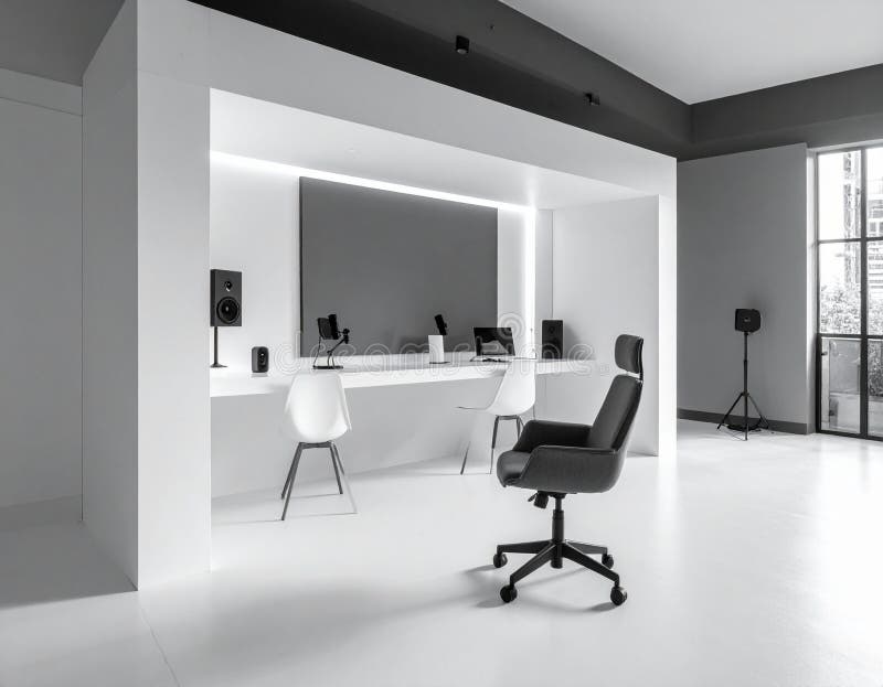 A sleek and modern professional workspace designed for audio and video production. The minimalist black and white interior features a clean workstation with podcasting microphones, studio monitors, and laptops. This empty, high-tech environment is a perfect background for concepts of digital media, creativity, and contemporary office design. Empty podcast studio background stock images, royalty-free photos and pictures