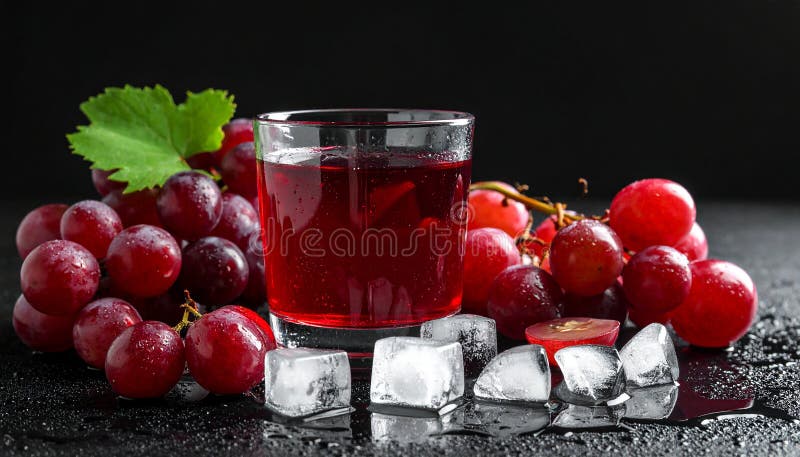 A glass filled with red grape juice is placed on a dark surface. Beside the glass lies a fresh bunch of red grapes (Vitis vinifera) with a natural glossy sheen. Several ice cubes are positioned in front, reflecting light to reveal their clear texture. A small sprig of fresh mint (Mentha) adds a contrasting green element to the composition. The background is dark, highlighting the vibrant colors of the grape juice and fruits. Fresh grape juice and ice cubes on black background. Al Generated *. Grape ice drink illustrations