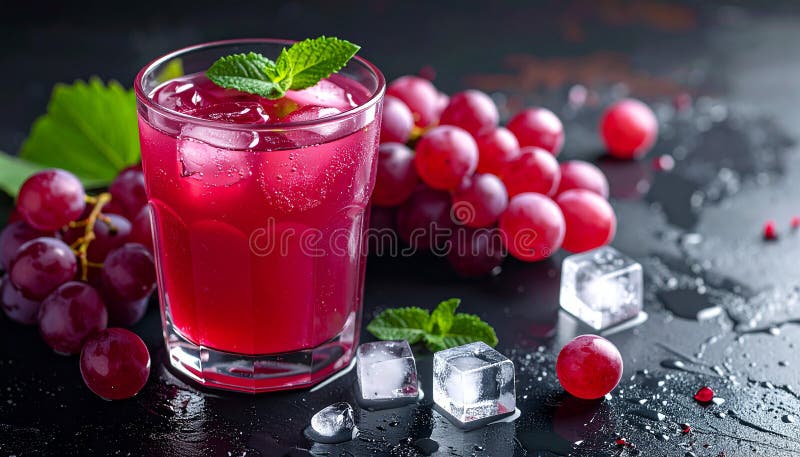 A glass filled with red grape juice is placed on a dark surface. Beside the glass lies a fresh bunch of red grapes (Vitis vinifera) with a natural glossy sheen. Several ice cubes are positioned in front, reflecting light to reveal their clear texture. A small sprig of fresh mint (Mentha) adds a contrasting green element to the composition. The background is dark, highlighting the vibrant colors of the grape juice and fruits. Fresh grape juice and ice cubes on black background. Al Generated *. Grape ice drink illustrations