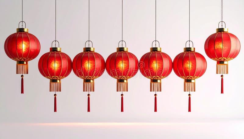 Row of glowing red Chinese lanterns hanging in festive decorative display