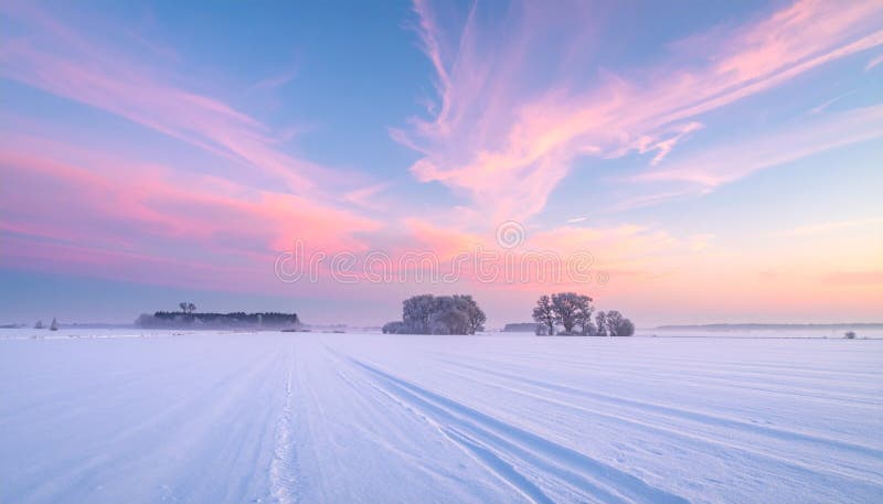 Winter landscape at sunset with a beautiful pink sky. Serene, snowy field in a frosty, cold countryside scene.
