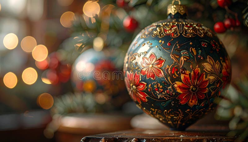 Ornate Vintage Christmas Bauble Decoration on a Festive Tree with Warm Bokeh Lights