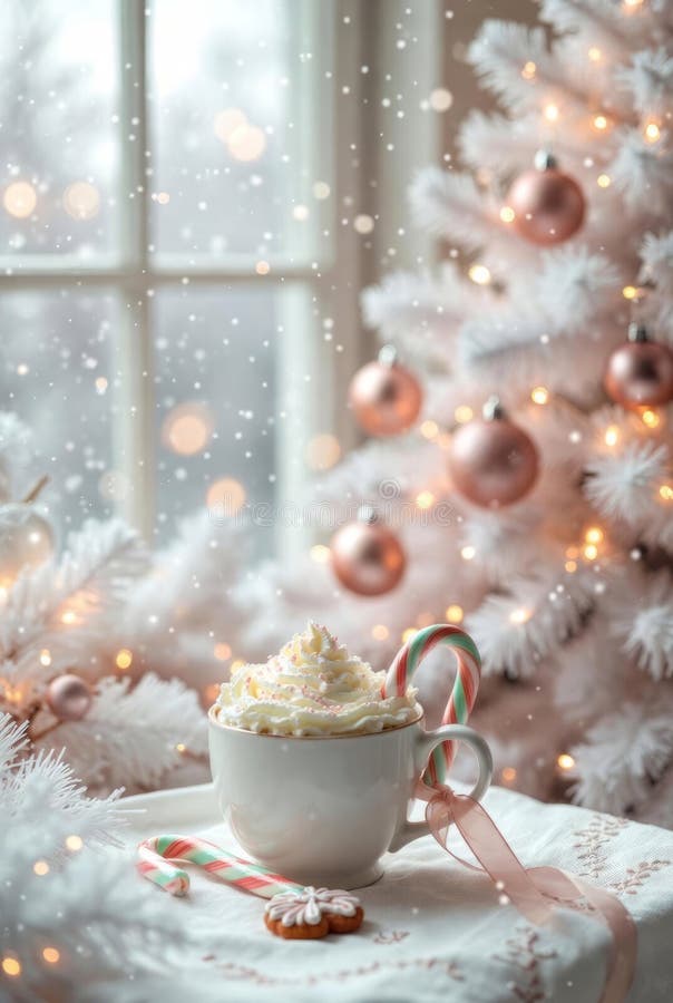 A cozy winter scene featuring a white mug filled with hot chocolate topped with whipped cream and sprinkles vector illustration