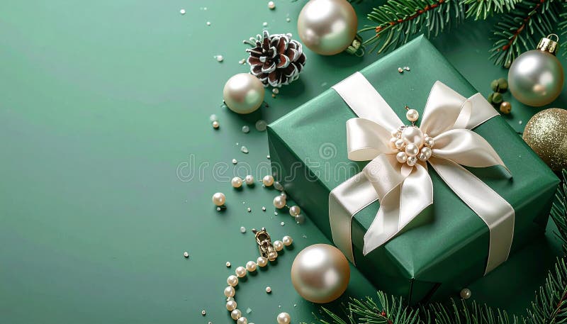 Christmas gift box with elegant pearl jewelry and decorations on a green background. stock illustration