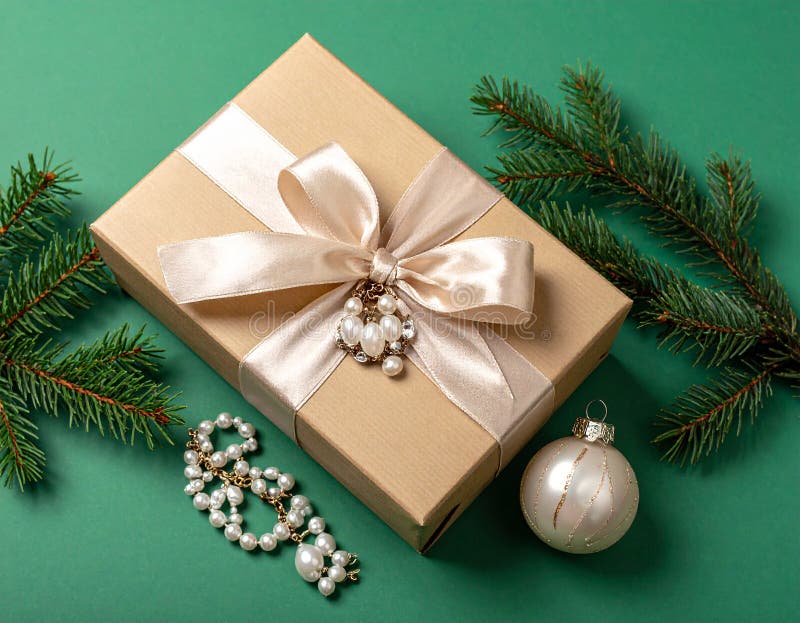 Christmas gift box with elegant pearl jewelry and decorations on a green background. vector illustration