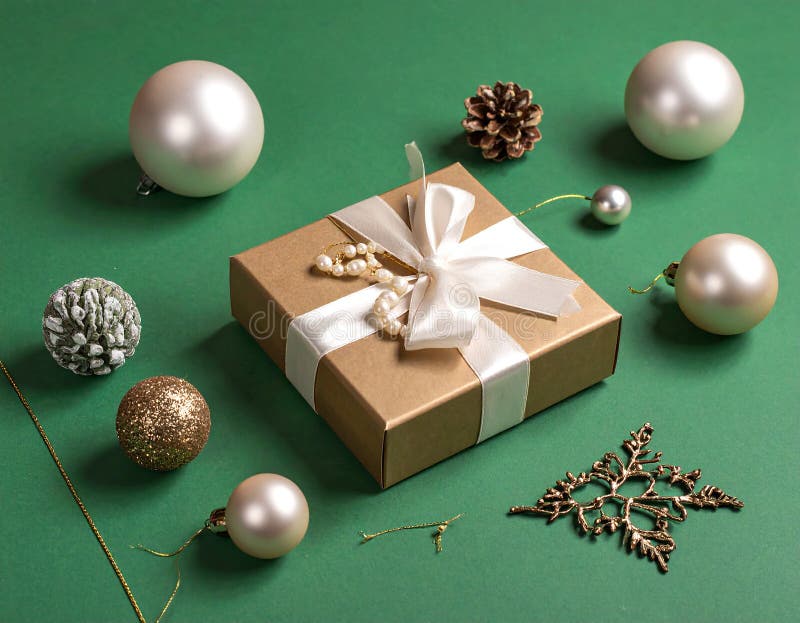 Christmas gift box with elegant pearl jewelry and decorations on a green background. royalty free illustration
