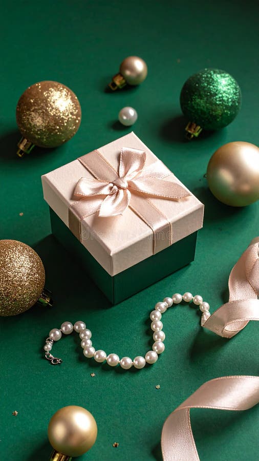 Christmas gift box with elegant pearl jewelry and decorations on a green background. stock illustration