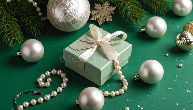 Christmas gift box with elegant pearl jewelry and decorations on a green background. royalty free illustration