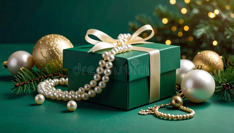 Christmas gift box with elegant pearl jewelry and decorations on a green background. vector illustration
