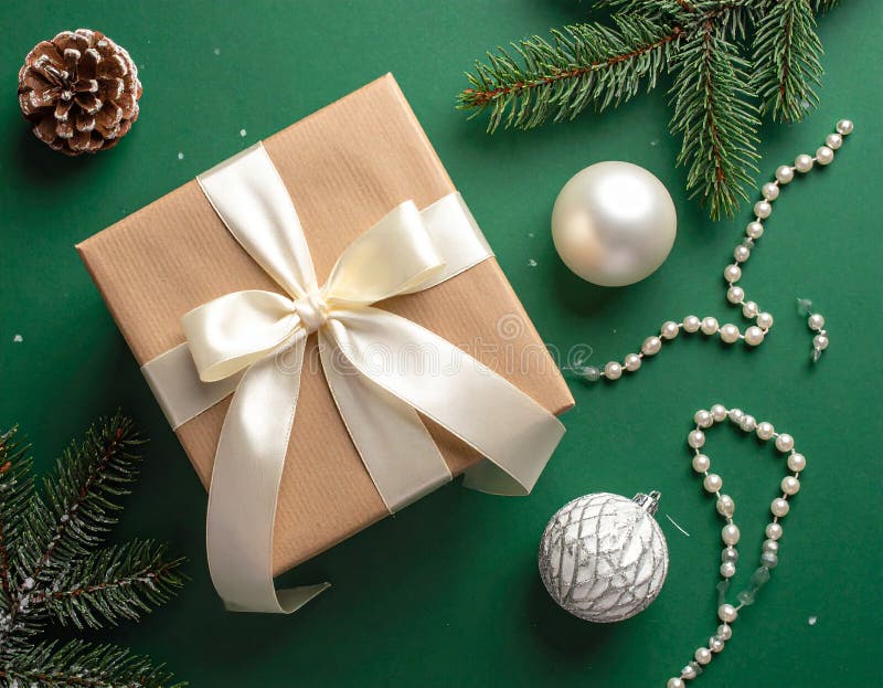 Christmas gift box with elegant pearl jewelry and decorations on a green background. royalty free illustration