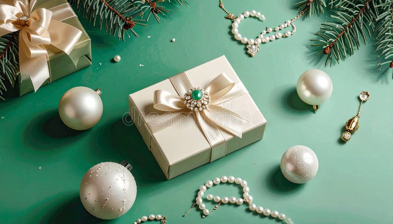 Christmas gift box with elegant pearl jewelry and decorations on a green background. vector illustration