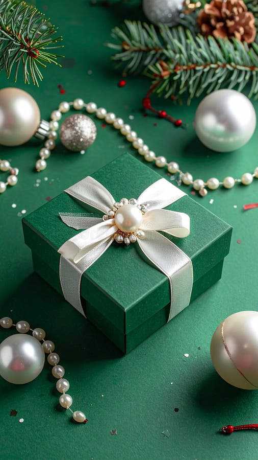 Christmas gift box with elegant pearl jewelry and decorations on a green background. royalty free illustration