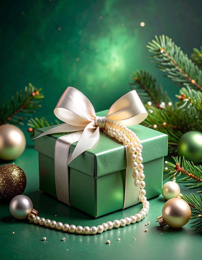 Christmas gift box with elegant pearl jewelry and decorations on a green background. stock illustration