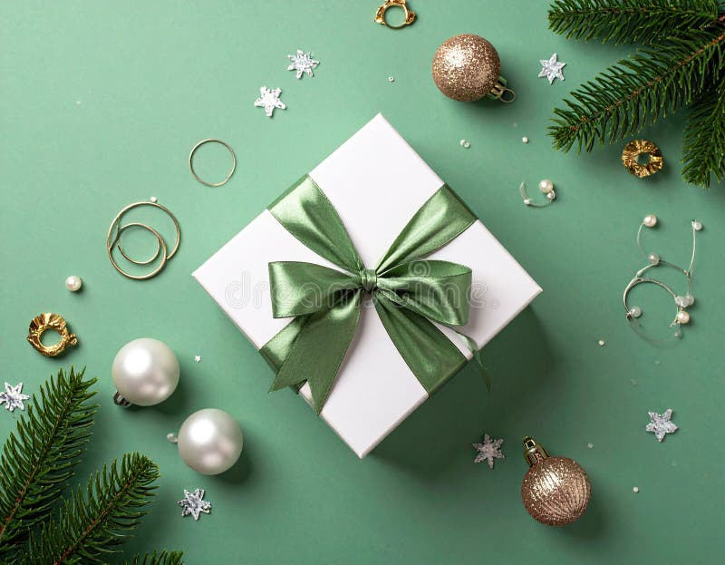 Christmas gift box with elegant pearl jewelry and decorations on a green background. royalty free illustration