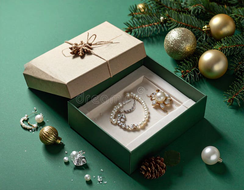 Christmas gift box with elegant pearl jewelry and decorations on a green background. stock illustration