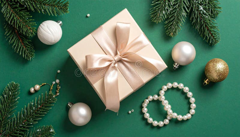 Christmas gift box with elegant pearl jewelry and decorations on a green background. stock illustration