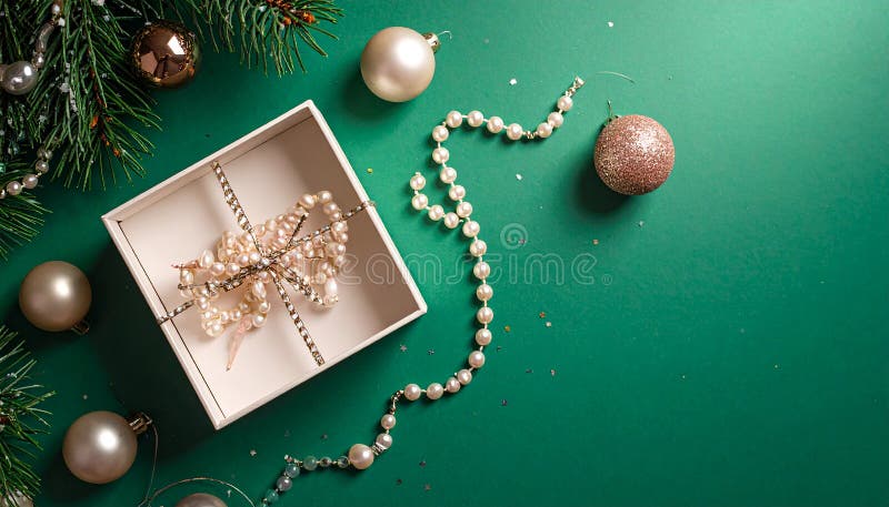 Christmas gift box with elegant pearl jewelry and decorations on a green background. vector illustration