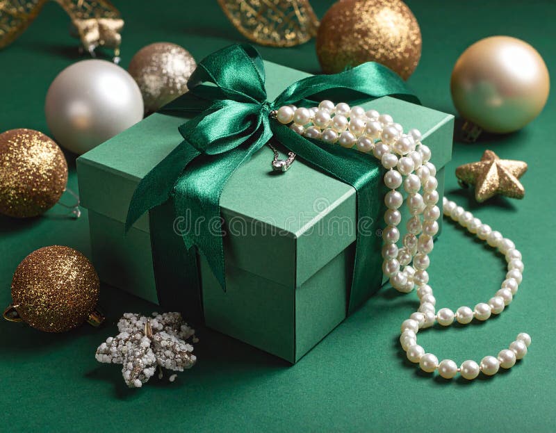 Christmas gift box with elegant pearl jewelry and decorations on a green background. vector illustration