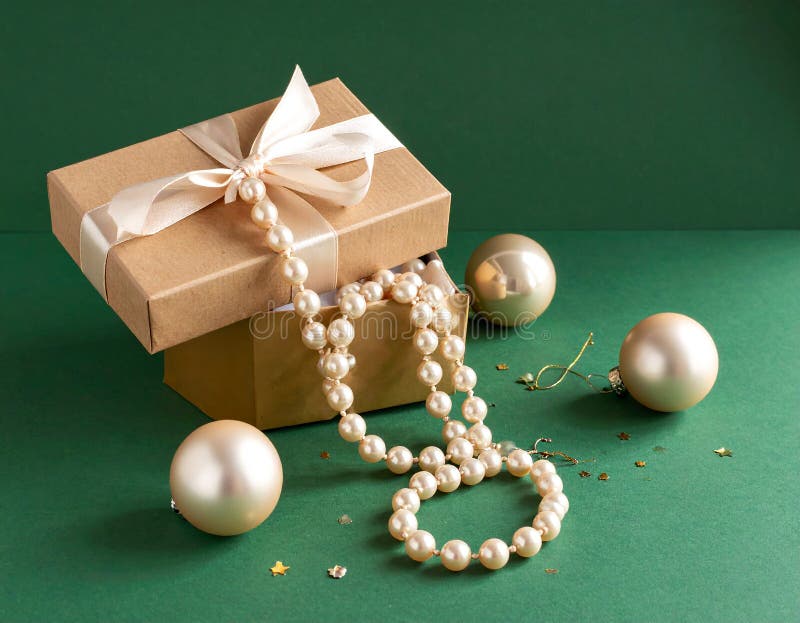 Christmas gift box with elegant pearl jewelry and decorations on a green background. stock illustration