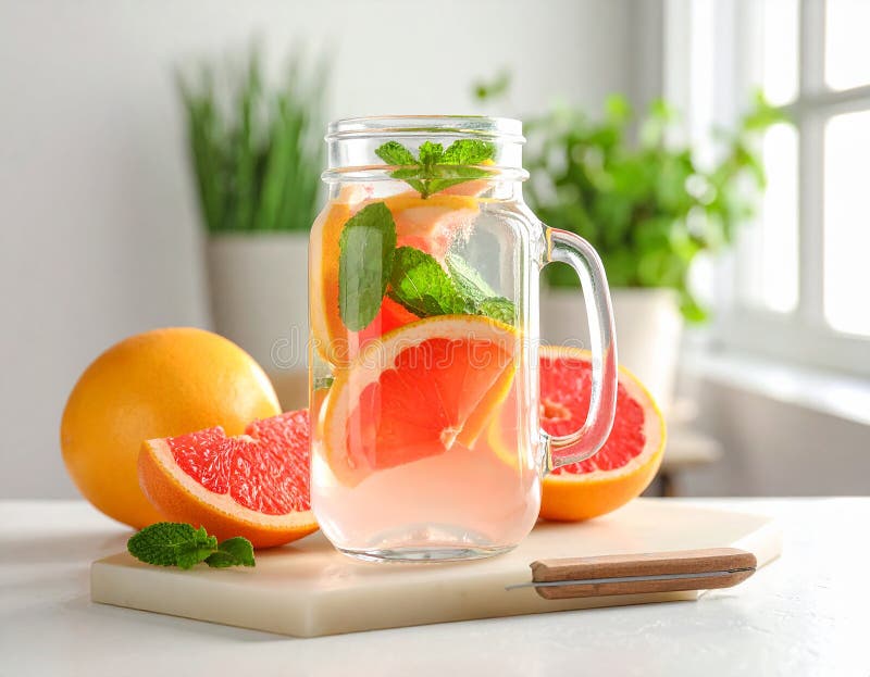 A mason jar filled with a pink beverage featuring slices of grapefruit (Citrus � paradisi) and mint (Mentha) leaves sits on a white countertop. Halved grapefruits and a small grapefruit wedge accompany the jar. Background elements include a blurred plant and kitchen items, with a window providing natural light. The scene suggests freshness and a casual, homey kitchen atmosphere. Composition with mason jar of infused water and grapefruits on table. Al Generated. Mason jar light illustrations