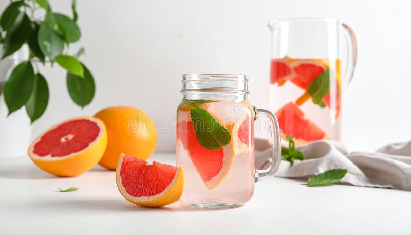 A mason jar filled with a pink beverage featuring slices of grapefruit (Citrus � paradisi) and mint (Mentha) leaves sits on a white countertop. Halved grapefruits and a small grapefruit wedge accompany the jar. Background elements include a blurred plant and kitchen items, with a window providing natural light. The scene suggests freshness and a casual, homey kitchen atmosphere. Composition with mason jar of infused water and grapefruits on table. Al Generated. Mason jar light illustrations