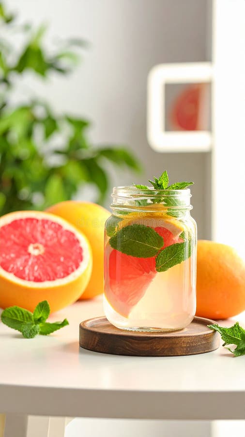 A mason jar filled with a pink beverage featuring slices of grapefruit (Citrus � paradisi) and mint (Mentha) leaves sits on a white countertop. Halved grapefruits and a small grapefruit wedge accompany the jar. Background elements include a blurred plant and kitchen items, with a window providing natural light. The scene suggests freshness and a casual, homey kitchen atmosphere. Composition with mason jar of infused water and grapefruits on table. Al Generated. Mason jar light illustrations